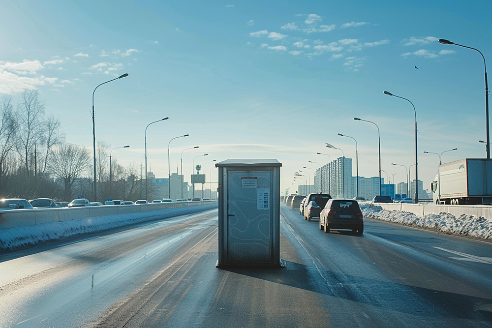 На силе ветра: в Москве засняли мчащий по дороге биотуалет