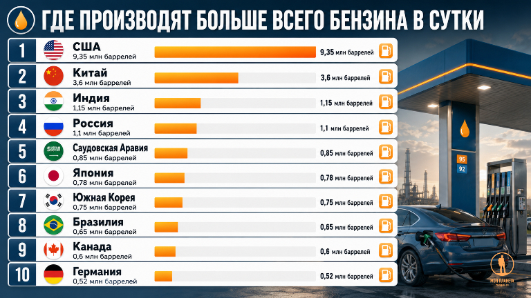 10 стран, где производят больше всего автомобильного бензина: инфографика