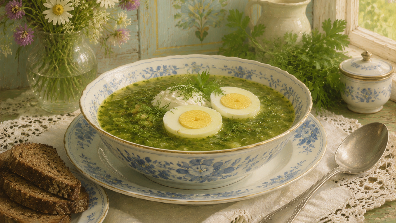 зеленые щи с крутыми яйцами