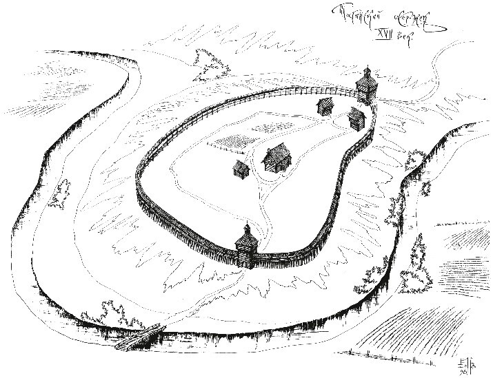 Тагинский острожек. XVII в. Реконструкция Владимира Михайловича Неделина. Источник: http://orleya.net/gla/gla014.htm