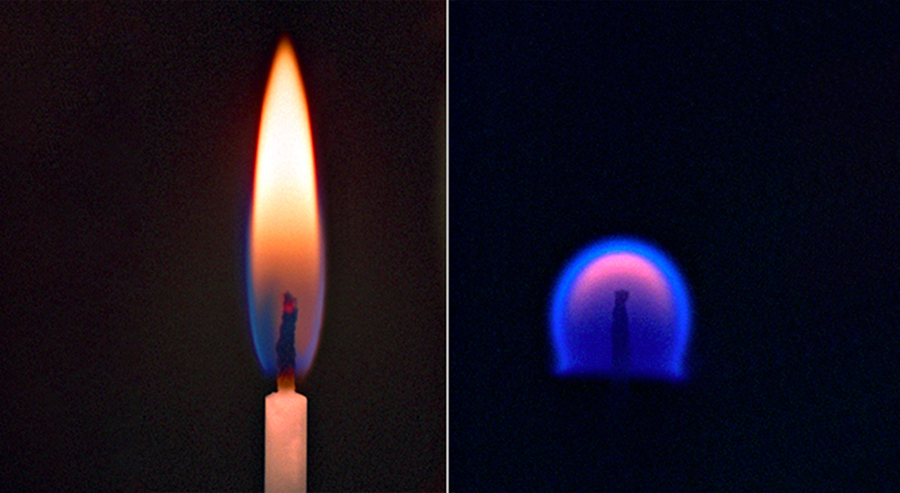 Свеча, горящая на Земле (слева) и в условиях микрогравитации.