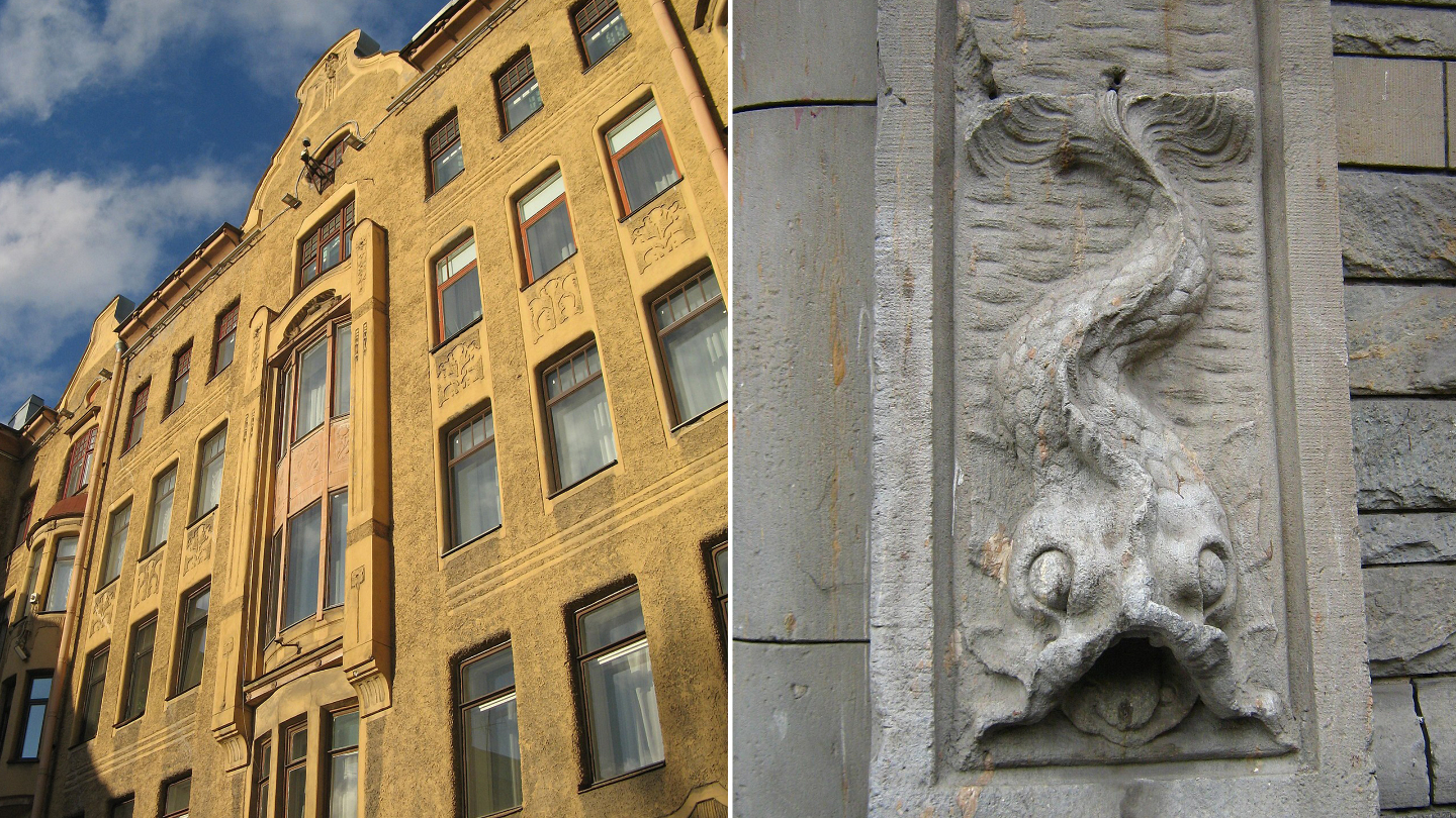 Дом Лидваля на Каменноостровском, 1–3. Фасады облепили хищные птицы, грифоны и фантастические звери, вплетенные в растительный узор