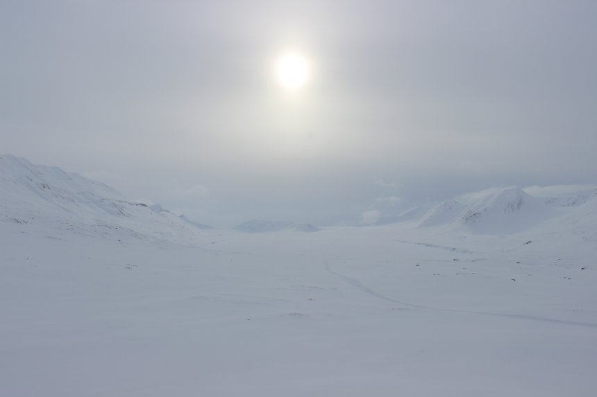Вид на ледник Восточный Гренфьорд в при слоистой облачности / View of the East Grønfjord Glacier under layered clouds -  